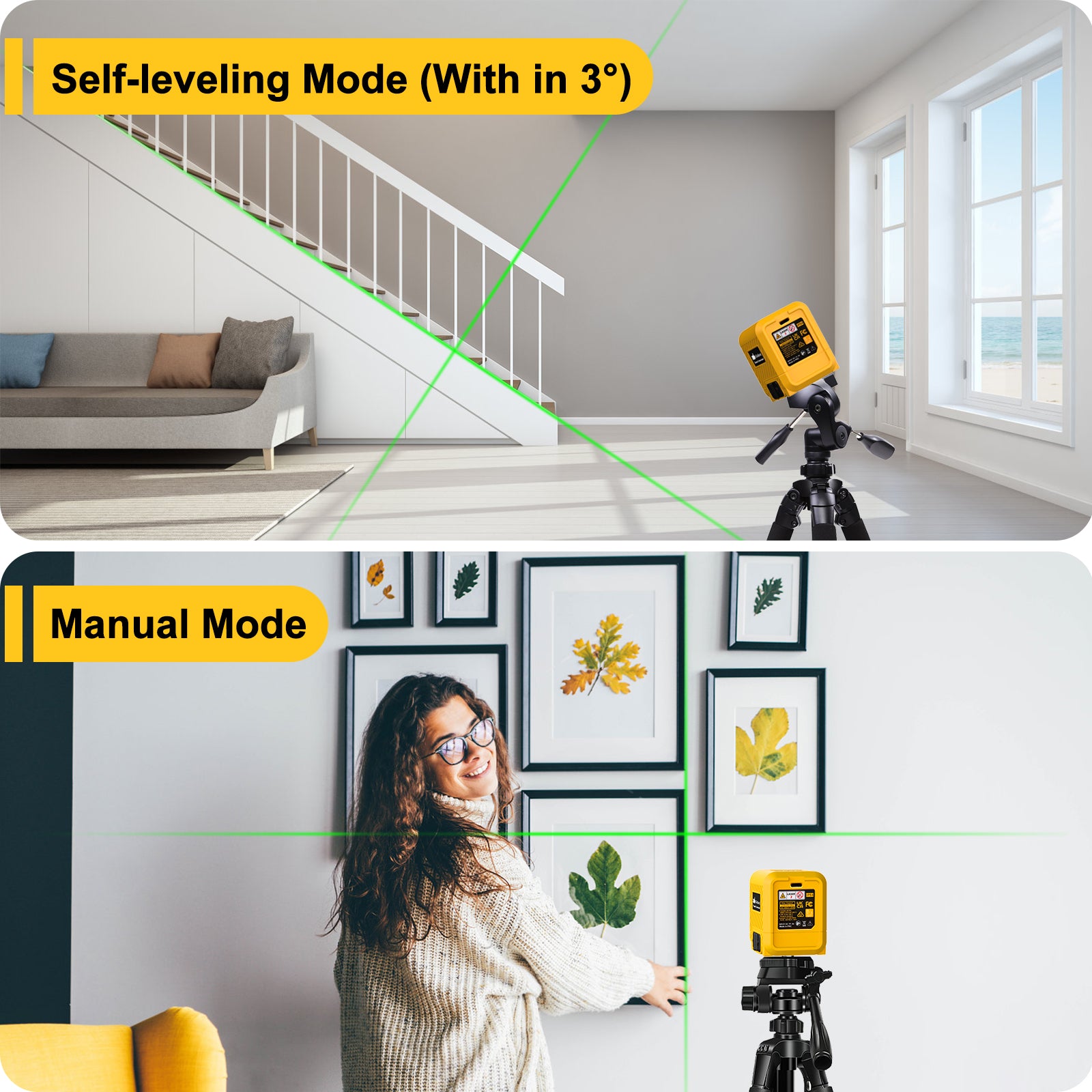 Laser Level, Rechargeable Lithium Battery Level Tool, Self-Leveling Green Cross Line Laser For Picture Hanging, Tiling, Home Renovation, Includes Folding Magnetic L-Bracket & Carry Pouch