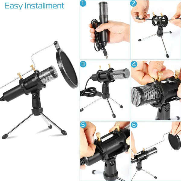 Professional Condenser Microphone Studio Recording Cardioid Microphone W/180 Degree Tripods Pop Filter