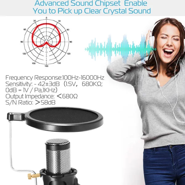 Professional Condenser Microphone Studio Recording Cardioid Microphone W/180 Degree Tripods Pop Filter