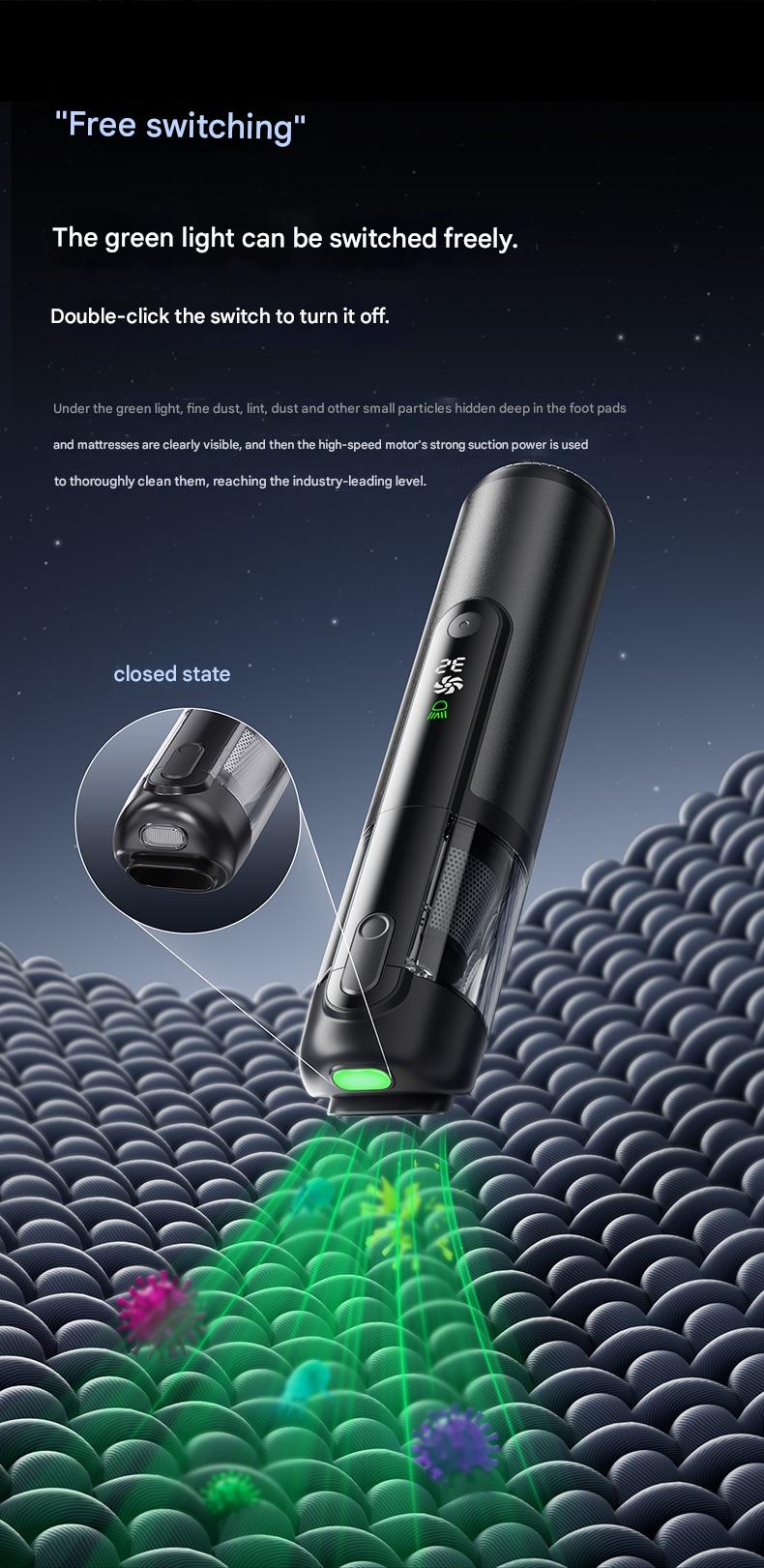 Green Light Dust-Detecting Handheld Car Vacuum Cleaner Wireless High-Suction Compact Portable Car Vacuum Cleaner For Vehicles