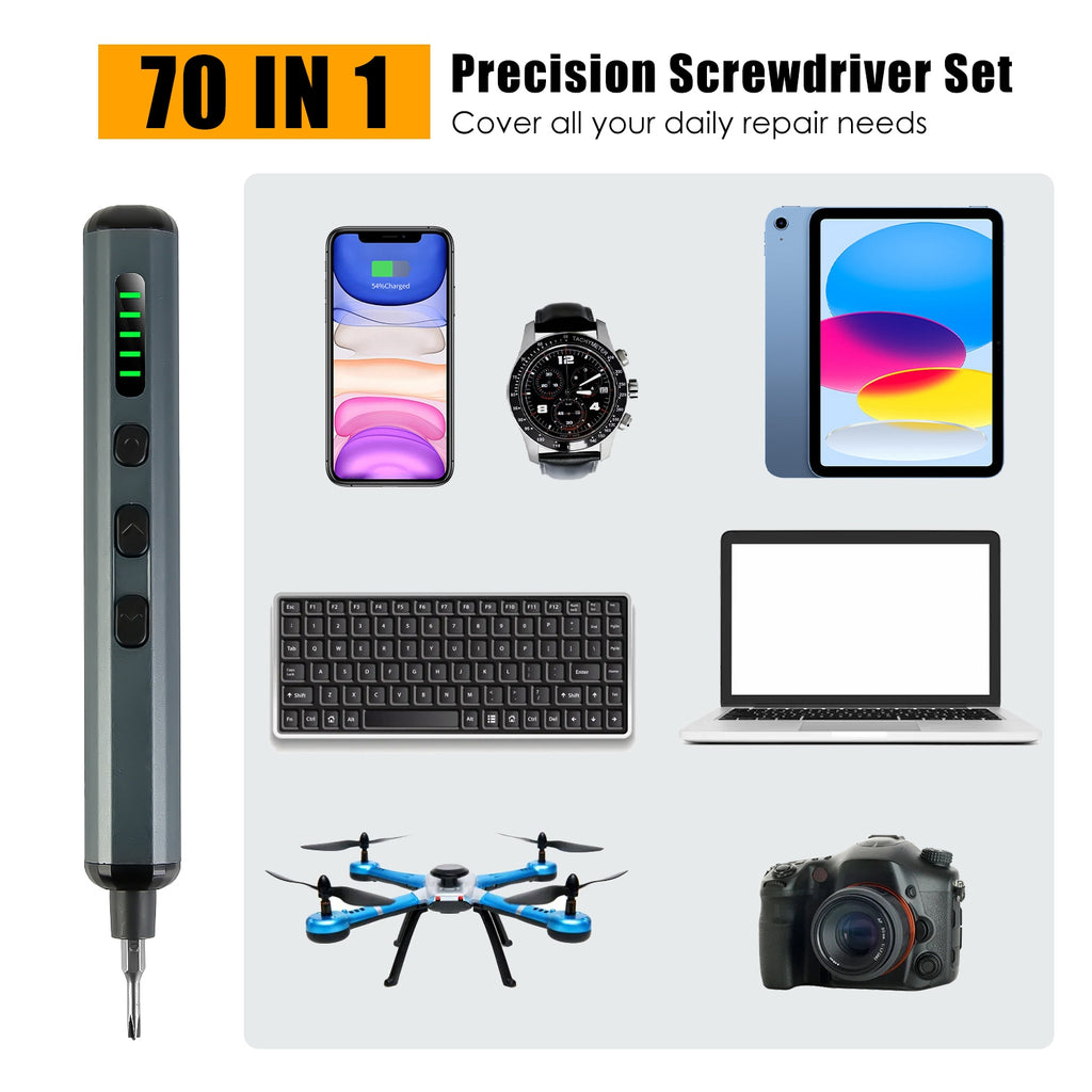 1Set 70 In 1 3.7V Mini Electric Screwdriver Kit Rechargeable Magnetic Repair Tool Kit With 5 Torque Settings 64 S2 Precision Bits 4 LED Lights For Phone Camera Laptop Watch Repair