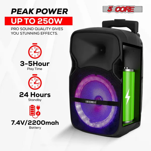 5 Core Party Speaker Bluetooth 250W Big Monster Powered Rechargeable Outdoor PA DJ System W Disco Lights 2 Wireless Karaoke Mics Portable Rolling Speakers W Handle Black - ACTIVE HOME 8 2-MIC