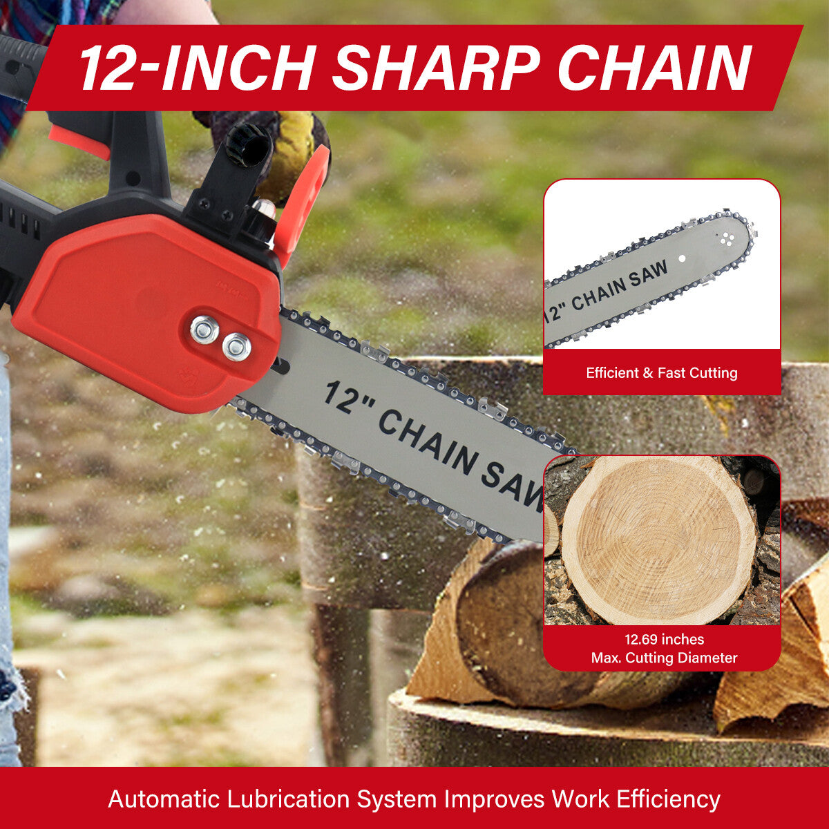 12 Electric Cordless Chainsaw Brushless Handheld Wood Saw And 2 Battery  Charger