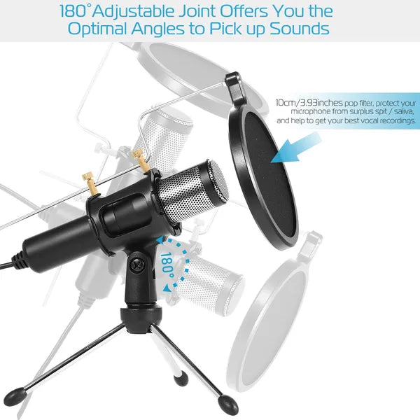 Professional Condenser Microphone Studio Recording Cardioid Microphone W/180 Degree Tripods Pop Filter