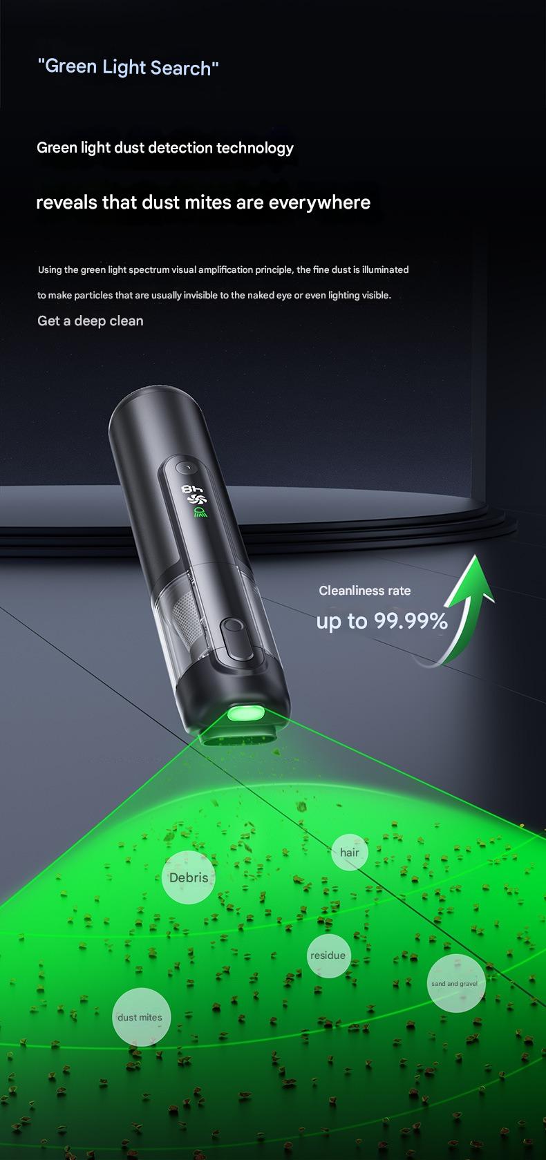 Green Light Dust-Detecting Handheld Car Vacuum Cleaner Wireless High-Suction Compact Portable Car Vacuum Cleaner For Vehicles